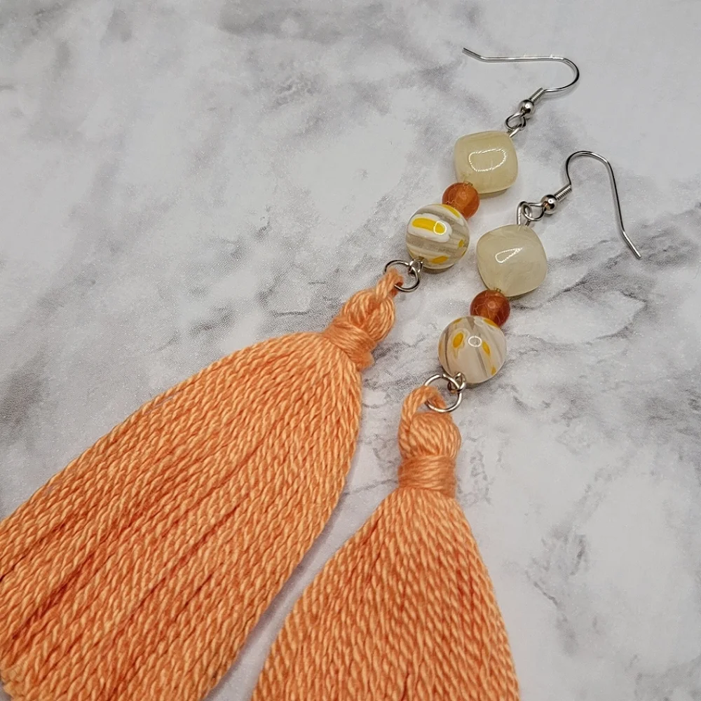 Handmade Tassel Earrings Peach Yellow Orange Glass Bead Boho Hippie Chic